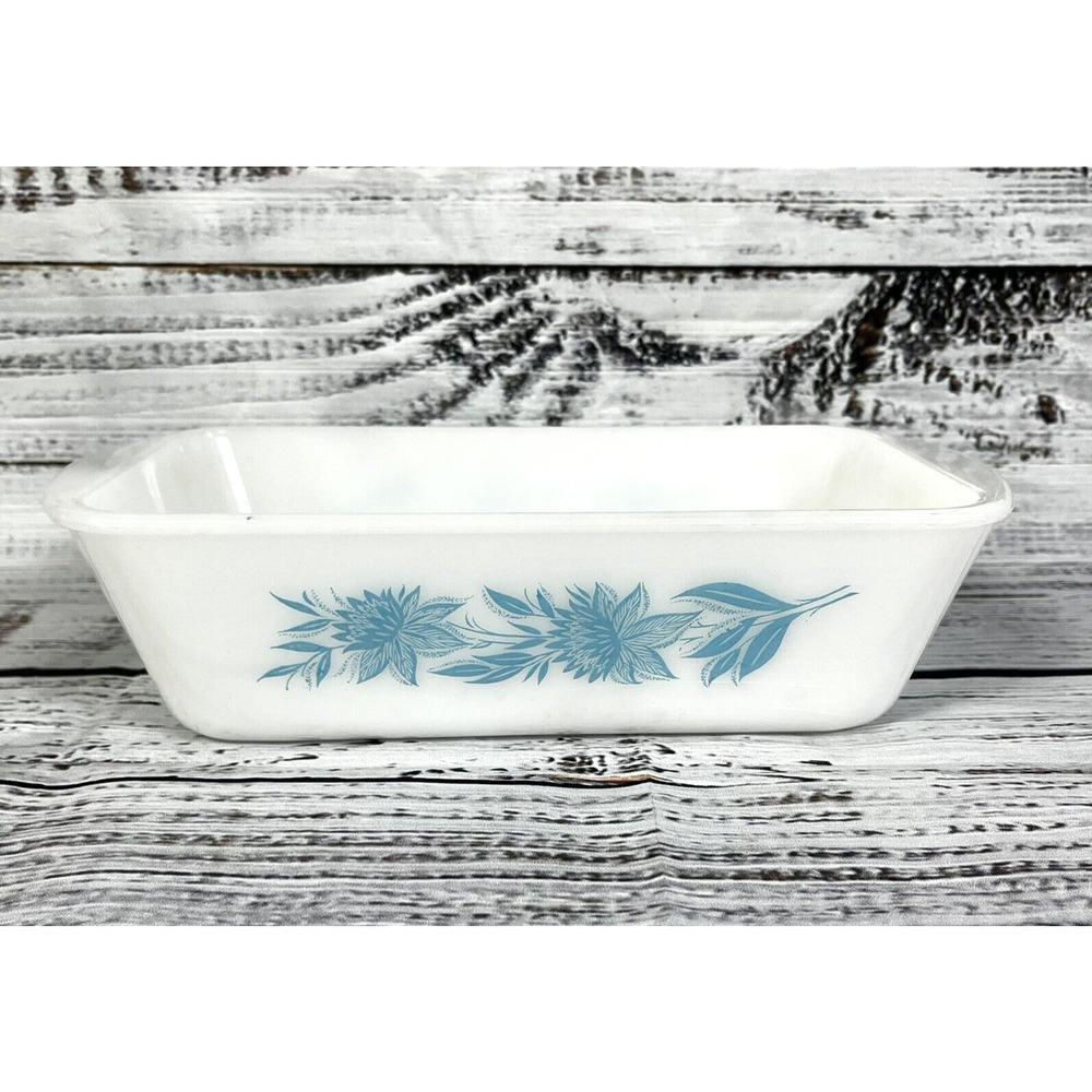 Vintage GLASBAKE Loaf Pan White Blue Flowers Milk Glass BLUE THISTLE J-522
